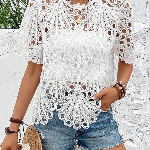 White Boho Womens Guipure Lace Insert Raglan Sleeve Blouse - Picture 5 of 5